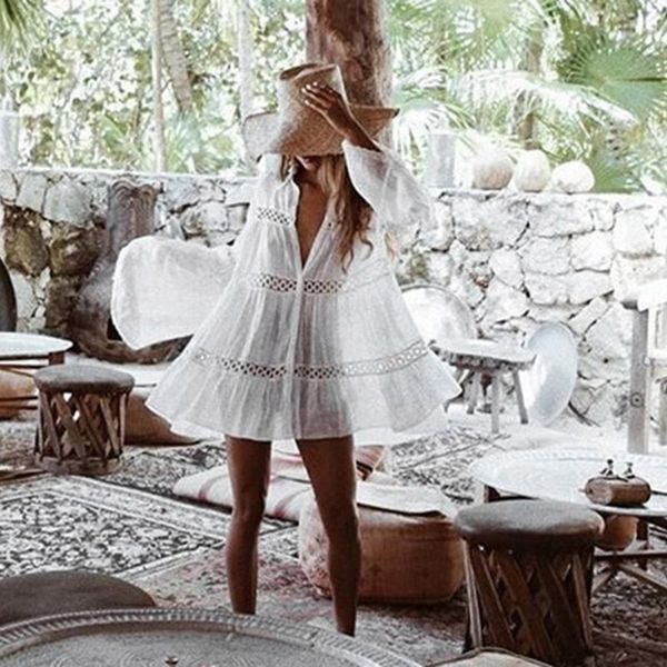 summer women cover ups elasticity lace bikini white beach dress hollow out v-neck up swim wear pure color women's swimwear, White;black
summer women cover ups elasticity lace bikini white beach dress hollow out v-neck up swim wear pure color women's swimwear, White;black