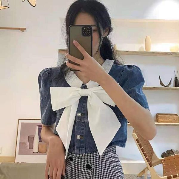 women's blouses & shirts women denim crops female summer sweet girls casual single breasted bow design ulzzang patchwork mujer blusas s, White
women's blouses & shirts women denim crops female summer sweet girls casual single breasted bow design ulzzang patchwork mujer blusas s, White