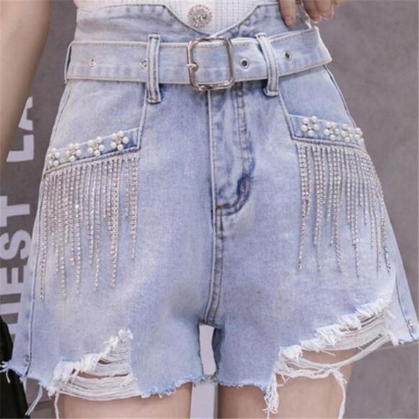 women's shorts 2021 european style beaded rhinestones and fringed denim personality frayed worn-out, White;black
women's shorts 2021 european style beaded rhinestones and fringed denim personality frayed worn-out, White;black