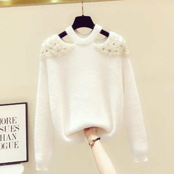 women's sweaters korean pullovers women 2021 fall clothing heavy beading thicked knitted sweater chic off shoulder jumper femme, White;black
women's sweaters korean pullovers women 2021 fall clothing heavy beading thicked knitted sweater chic off shoulder jumper femme, White;black
