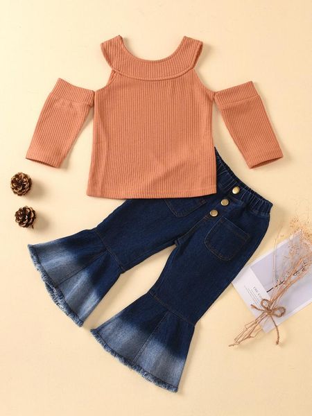 clothing sets solid-color round-necked off-the-shoulder denim bell-bottom trouser suit for girls, White
clothing sets solid-color round-necked off-the-shoulder denim bell-bottom trouser suit for girls, White
