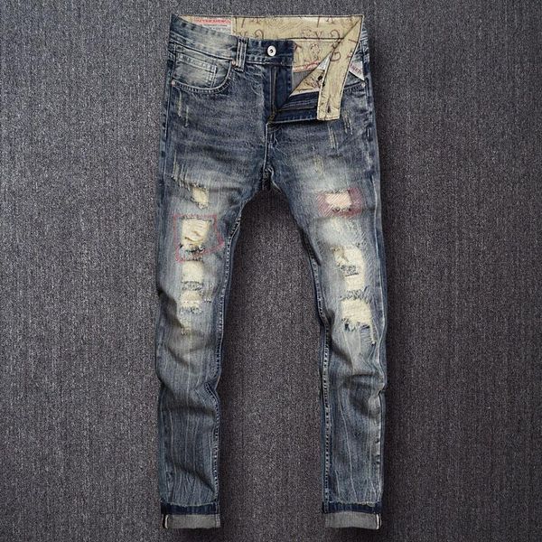 men's jeans european street fashion men retro slim fit destroyed ripped embroidery patch designer hip hop denim punk pants, Blue
men's jeans european street fashion men retro slim fit destroyed ripped embroidery patch designer hip hop denim punk pants, Blue