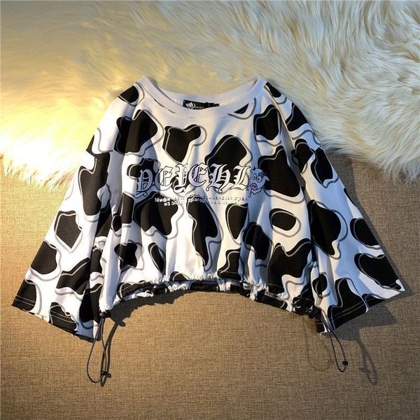 2021 new design sense drawstring short cow pattern short-sleeved t-shirt for female thin super-short clothes, White
2021 new design sense drawstring short cow pattern short-sleeved t-shirt for female thin super-short clothes, White