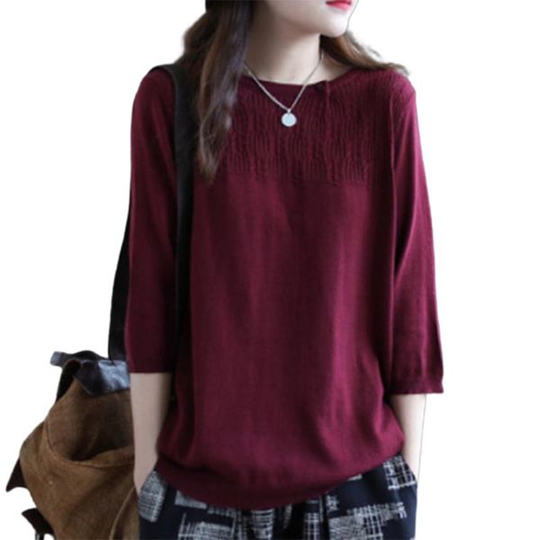 women's t-shirt knit shirt retro low round neck loose solid color three quarter sleeve for spring and summer lxh, White
women's t-shirt knit shirt retro low round neck loose solid color three quarter sleeve for spring and summer lxh, White
