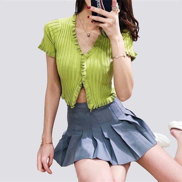 autumn knit sweater female women ruffle trim crop knit cardigan with short sleeve deep v neck casual jumper pull femme 210517, White
autumn knit sweater female women ruffle trim crop knit cardigan with short sleeve deep v neck casual jumper pull femme 210517, White