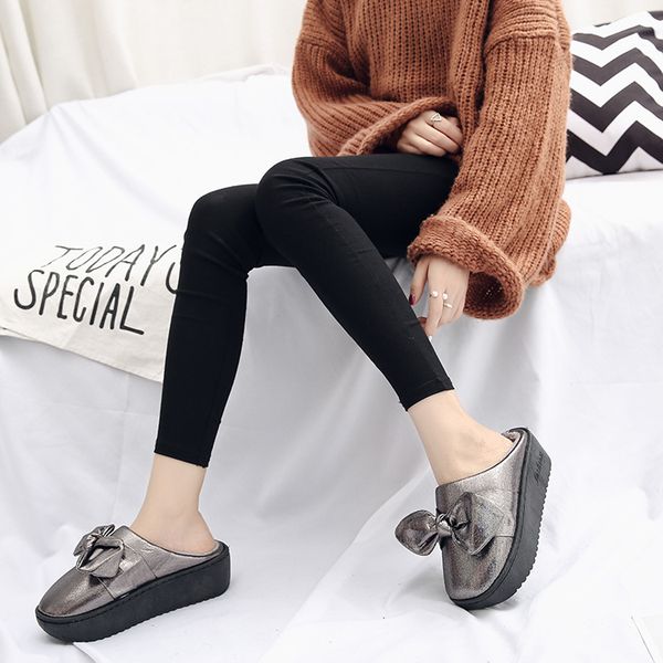 autumn and winter bow warm slippers fashion home indoor cotton shoes, Black