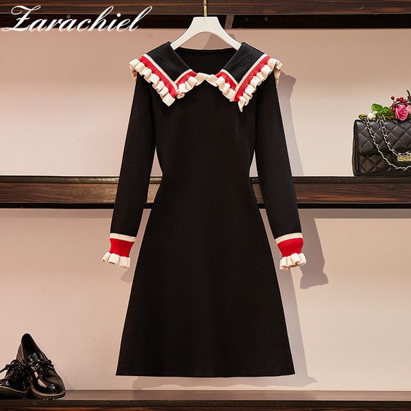 sweet black peter pan collar long sleeve slim knitted autumn women french style elegant striped sweater short dress 210416, Black;gray 
sweet black peter pan collar long sleeve slim knitted autumn women french style elegant striped sweater short dress 210416, Black;gray