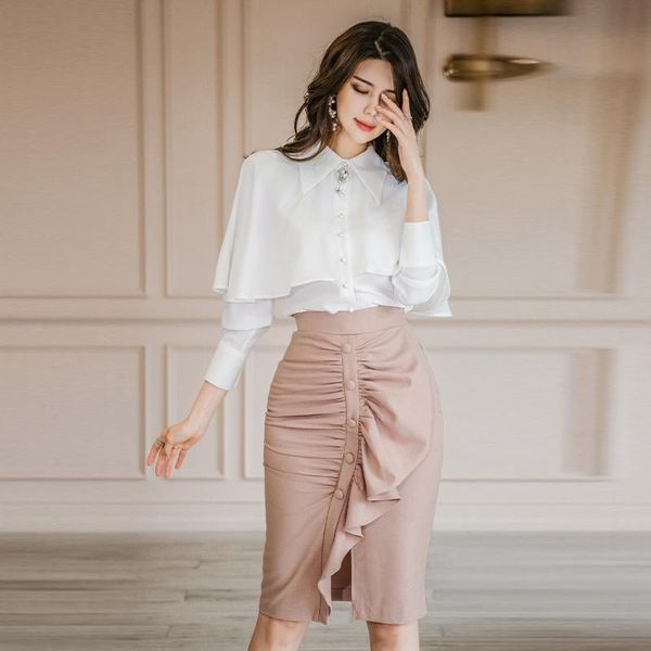 two piece dress women outfits slim ruffles chiffon blouse shirt + hem split pleated ruffled skirt office lady set, White
two piece dress women outfits slim ruffles chiffon blouse shirt + hem split pleated ruffled skirt office lady set, White