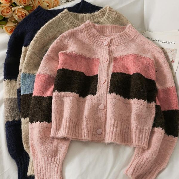 women's knits & tees vintage block color sweater women knitted cardigans harajuku lazy style ladies o-neck button striped cardigan knit, White
women's knits & tees vintage block color sweater women knitted cardigans harajuku lazy style ladies o-neck button striped cardigan knit, White