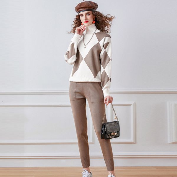 casual knitted two piece outfits for women geometric plaid turtleneck sweater pullover + harem pants suits female tracksuit pkoy, Blue
casual knitted two piece outfits for women geometric plaid turtleneck sweater pullover + harem pants suits female tracksuit pkoy, Blue