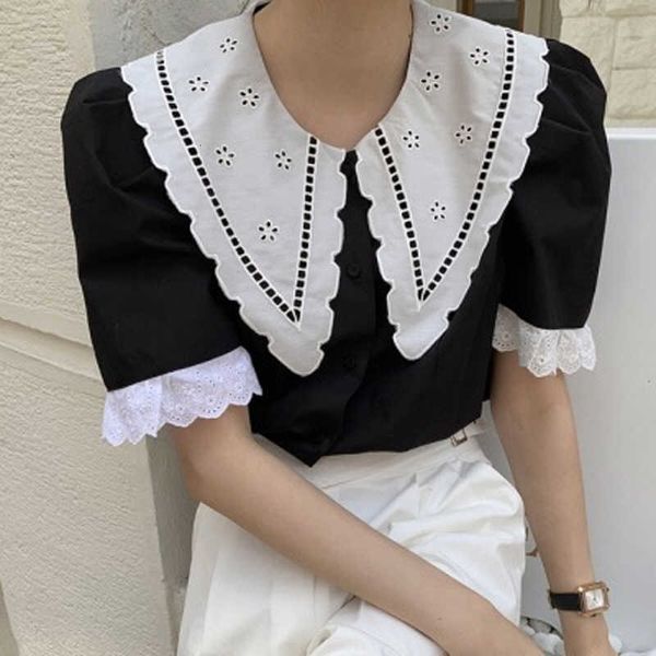 women's knits & tees korean chic summer niche retro doll collar hook flower hit color loose single-breasted puff sleeve shirt fem, White
women's knits & tees korean chic summer niche retro doll collar hook flower hit color loose single-breasted puff sleeve shirt fem, White