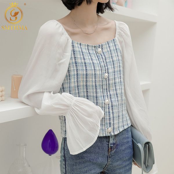 vintage shirts womens flare sleeve blouses spring casual lady tweed patwork female 210520, White
vintage shirts womens flare sleeve blouses spring casual lady tweed patwork female 210520, White