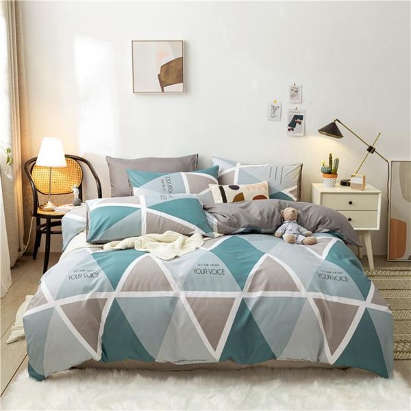 fashion grid 3/4pc bedding set with buttons soft duvet cover quilt bed sheet pillowcase sets full king single