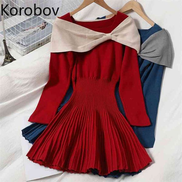 korobov korean hit color o neck bow women dress vintage a-line long sleeve female dresses office lady knit vestidos femme 210430, Black;gray
korobov korean hit color o neck bow women dress vintage a-line long sleeve female dresses office lady knit vestidos femme 210430, Black;gray