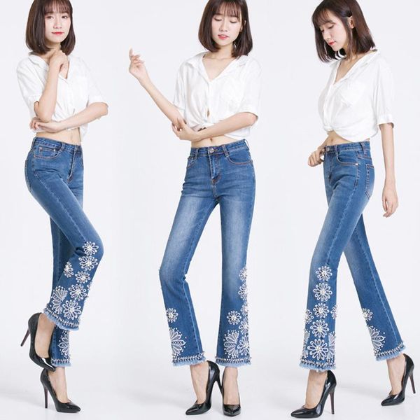 women's jeans brand pants 2021 handmade beading embroidery cotton flare female streetwear high waist skinny women plus size 36, Blue
women's jeans brand pants 2021 handmade beading embroidery cotton flare female streetwear high waist skinny women plus size 36, Blue