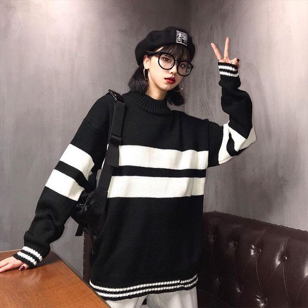 women's sweaters color matching half high collar sweater female students autumn and winter loose embroidery thickened knitted jacket to, White;black
women's sweaters color matching half high collar sweater female students autumn and winter loose embroidery thickened knitted jacket to, White;black