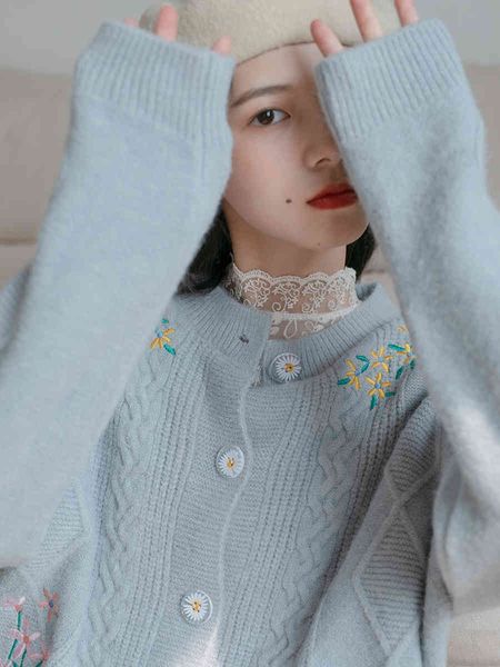 knits soft blue knitted cardigan coat autumn winter women wear embroidery sweater female, White
knits soft blue knitted cardigan coat autumn winter women wear embroidery sweater female, White