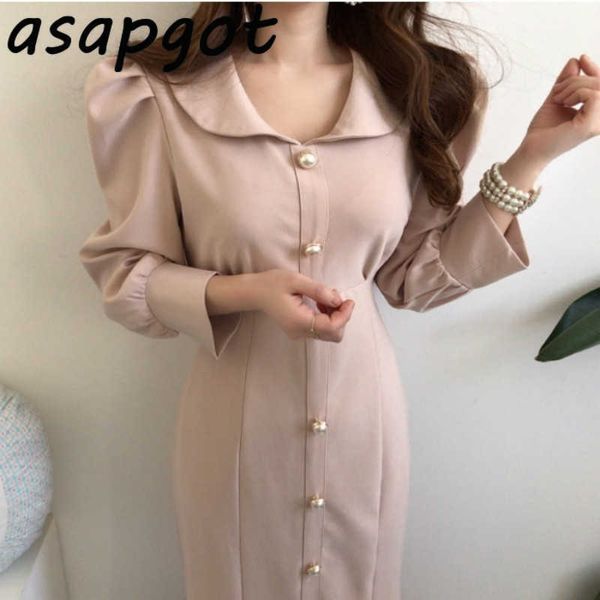 french chic long puff sleeve mermaid dress women turn down collar slim single-breasted solid bodycon elegant gentle trumpet 210610, Black;gray
french chic long puff sleeve mermaid dress women turn down collar slim single-breasted solid bodycon elegant gentle trumpet 210610, Black;gray