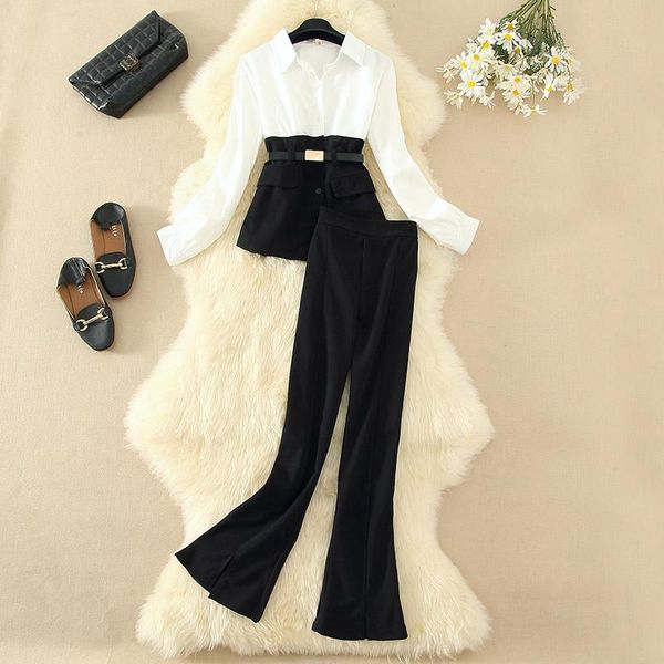 office lady suit two piece set women outfits patchwork hit color turn down collar blouse + long flare split pants sets women's, White
office lady suit two piece set women outfits patchwork hit color turn down collar blouse + long flare split pants sets women's, White