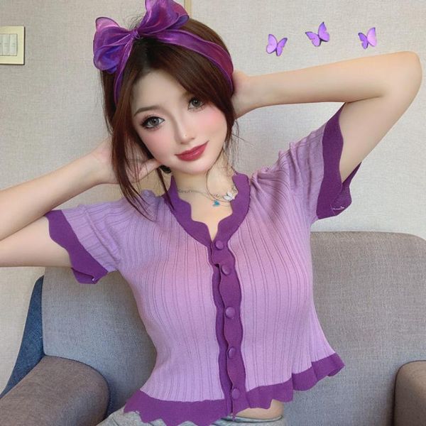 women t-shirt summer clothes ruffle knitted short sleeve crop button design tee female slim purple yellow women's, White
women t-shirt summer clothes ruffle knitted short sleeve crop button design tee female slim purple yellow women's, White