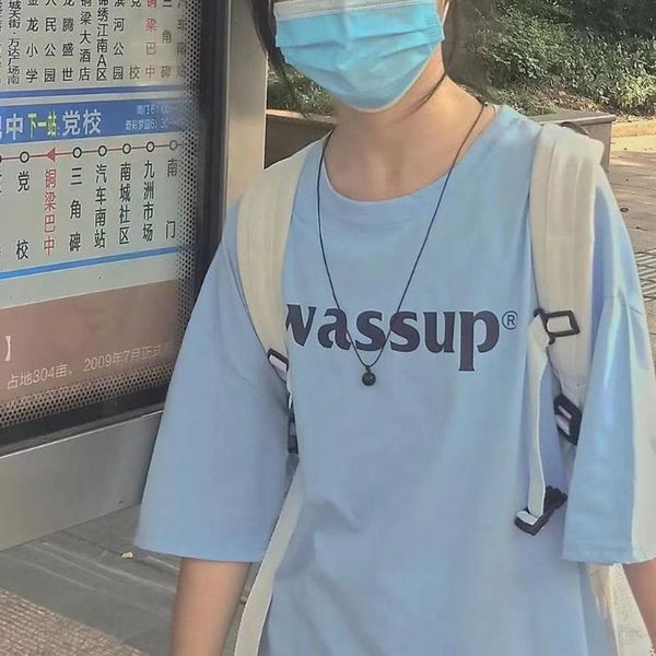 women's t-shirt cotton short sleeve female 2021 summer korean light blue harajuku ins versatile loose student cute, White 
women's t-shirt cotton short sleeve female 2021 summer korean light blue harajuku ins versatile loose student cute, White