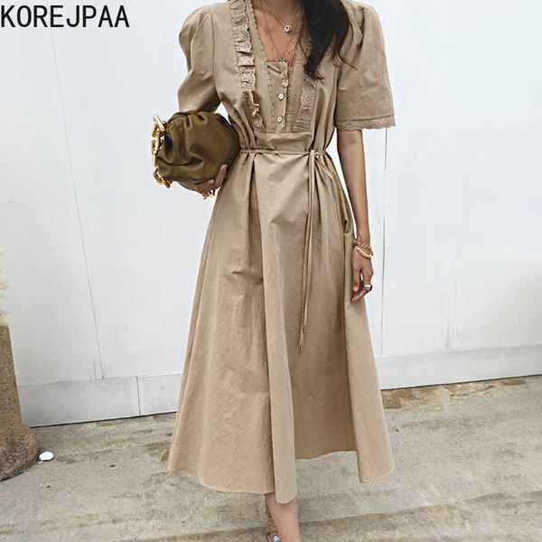 korejpaa women dress summer korean chic french retro lace stitching v-neck three-button lace-up waist puff sleeve vestidos 210526, Black;gray
korejpaa women dress summer korean chic french retro lace stitching v-neck three-button lace-up waist puff sleeve vestidos 210526, Black;gray