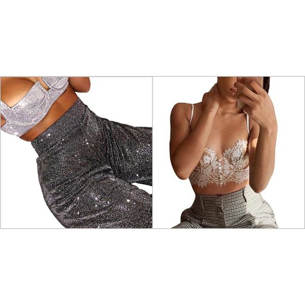 women's t-shirt backless lace camisole women crop with silver sequined high waist wide leg pants l, White
women's t-shirt backless lace camisole women crop with silver sequined high waist wide leg pants l, White