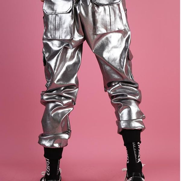 men's pants men casual leather harem man streetwear dj singer hip hop punk silver multi cargo pocket stage clothing, Black
men's pants men casual leather harem man streetwear dj singer hip hop punk silver multi cargo pocket stage clothing, Black