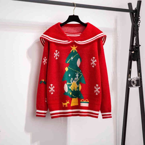 women's warm thickened loose casual knitted pullover sailor collar preparatory student christmas sweater, White;black
women's warm thickened loose casual knitted pullover sailor collar preparatory student christmas sweater, White;black