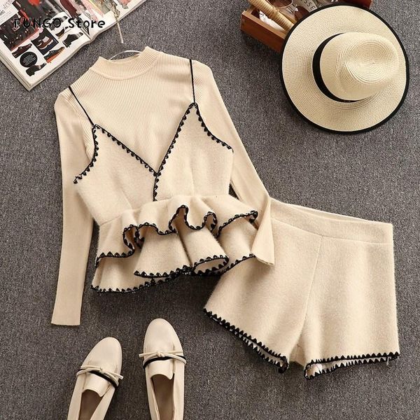women's tracksuits 3 piece clothing set women spring autumn retro long sleeve knit sweater ruffled woolen sling high waist shorts three, Gray
women's tracksuits 3 piece clothing set women spring autumn retro long sleeve knit sweater ruffled woolen sling high waist shorts three, Gray