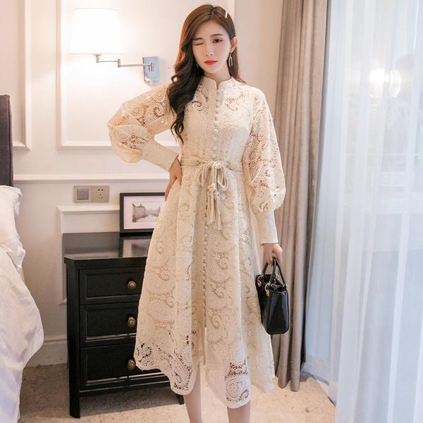 casual dresses korea 2021 autumn dress fashion women stand lantern sleeve button lace hollow out sashes solid color elegant mid-calf, Black;gray
casual dresses korea 2021 autumn dress fashion women stand lantern sleeve button lace hollow out sashes solid color elegant mid-calf, Black;gray