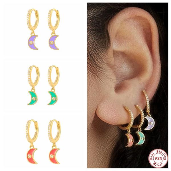 hoop & huggie gs 925 sterling silver colorful enamel moon charm earrings for women luxury pave zircon circle earring hoops party jewels, Golden;silver 
hoop & huggie gs 925 sterling silver colorful enamel moon charm earrings for women luxury pave zircon circle earring hoops party jewels, Golden;silver
