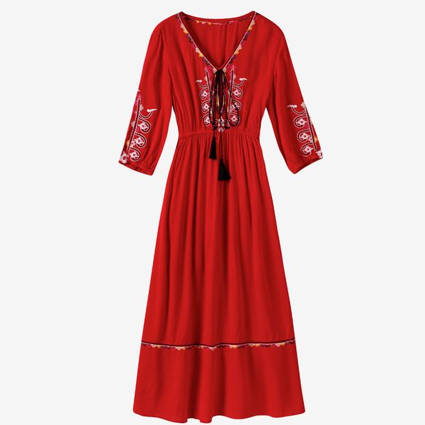 women bohemia red v neck vintage embroidery dress 3/4 sleev long elastic waist holiday d2253 210514, Black;gray
women bohemia red v neck vintage embroidery dress 3/4 sleev long elastic waist holiday d2253 210514, Black;gray