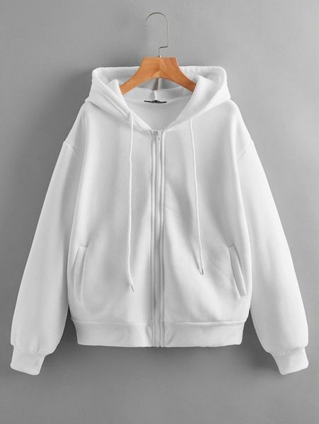 drop shoulder zipper placket thermal drawstring hoodie l8ta#, White;black