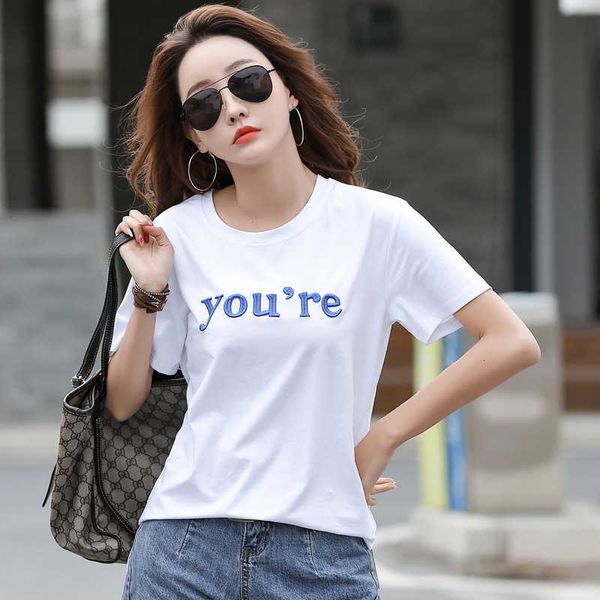 shintimes summer letter embroidery cotton t shirt women t- womens short sleeve korean clothes tee femme 210615, White
shintimes summer letter embroidery cotton t shirt women t- womens short sleeve korean clothes tee femme 210615, White