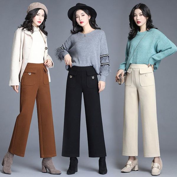 women's pants & capris wide leg women high waisted elastic 2021autumn winter solid color elegant wool office lady womens loose trousers, Black;white
women's pants & capris wide leg women high waisted elastic 2021autumn winter solid color elegant wool office lady womens loose trousers, Black;white