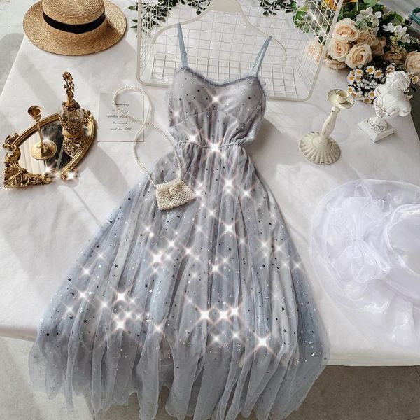 

Start summer women Star Sequins Princess dress with Chest Pad female elegant mes Fairy Dress New Summer Chic Gentle Wind Dress, Light grey