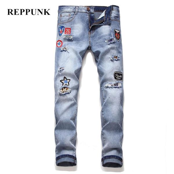 men ripped embroidery badge patch slim fit jeans pants fashion hop hip male knee holes casual solid denim trousers men's, Blue
men ripped embroidery badge patch slim fit jeans pants fashion hop hip male knee holes casual solid denim trousers men's, Blue