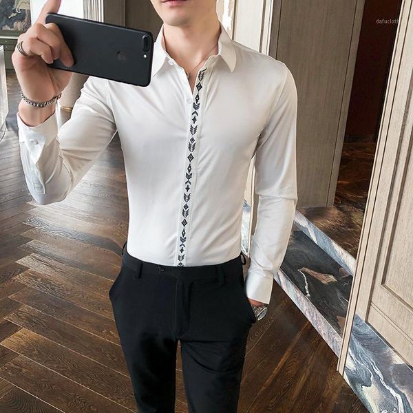 men's casual shirts british style embroidery mens long sleeve business formal dress shirt slim fit streetwear social party, White;black
men's casual shirts british style embroidery mens long sleeve business formal dress shirt slim fit streetwear social party, White;black