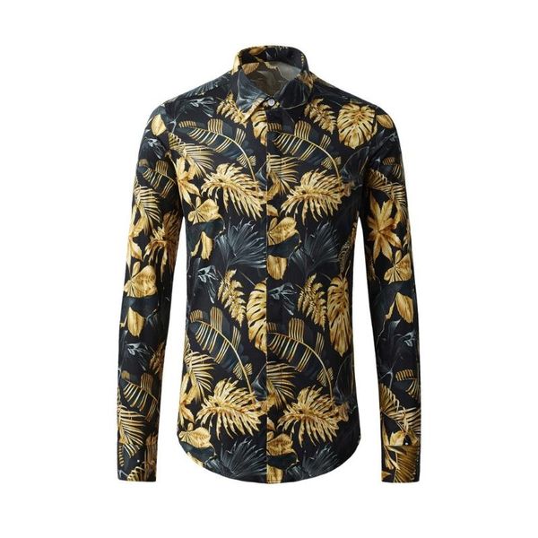 men's casual shirts long sleeve male luxury golden leaves printed party mens dress fashion slim man plus size, White;black
men's casual shirts long sleeve male luxury golden leaves printed party mens dress fashion slim man plus size, White;black