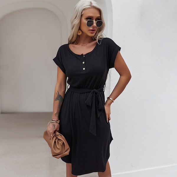 jumpsuit summer casual knitted black solid women o neck short sleeve female knee length ruffles swing with sashes, Black;white
jumpsuit summer casual knitted black solid women o neck short sleeve female knee length ruffles swing with sashes, Black;white