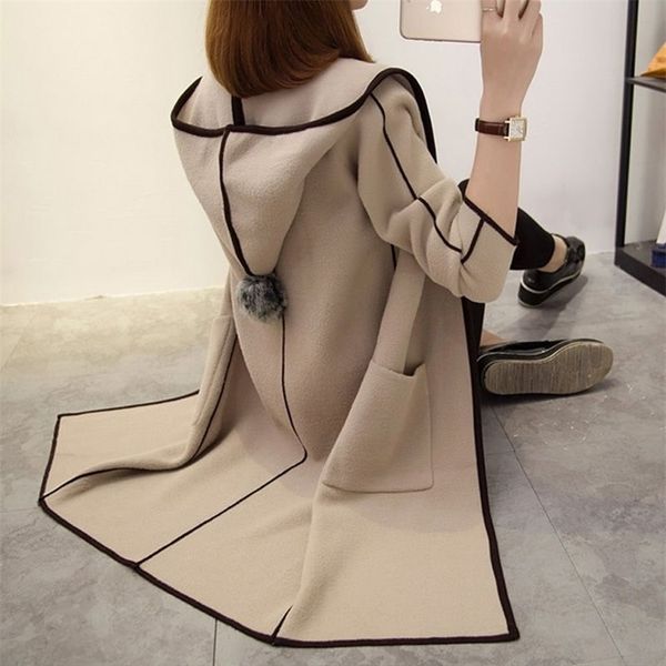 women autumn and winter long woolen coat cardigan jacket hooded student female 210427, White;black 
women autumn and winter long woolen coat cardigan jacket hooded student female 210427, White;black