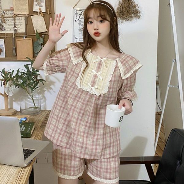 women's sleepwear summer pyjamas women stitching doll collar short sleeve pajamas set high waist loose wide leg pant sleepwear sui, Black;red
women's sleepwear summer pyjamas women stitching doll collar short sleeve pajamas set high waist loose wide leg pant sleepwear sui, Black;red