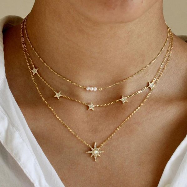 chains vintage multilayer pendant necklace for women moon star pearl charm chain necklaces boho fashion jewelry gift, Silver 
chains vintage multilayer pendant necklace for women moon star pearl charm chain necklaces boho fashion jewelry gift, Silver