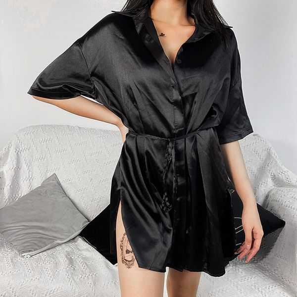 women short sleeve shirt dress office lady solid casual loose v neck summer mini female home 210514, Black;gray
women short sleeve shirt dress office lady solid casual loose v neck summer mini female home 210514, Black;gray