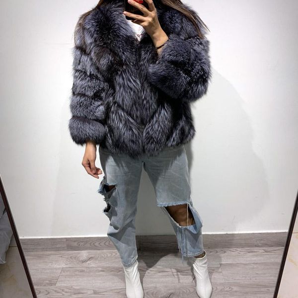 women's fur & faux women natural jacket ladies real silver coat, Black