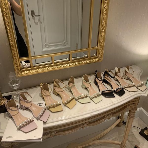 fashion women sandals open toe pearl chain ankle strap thick mid heels solid color casual slides summer dress shoes, Black
fashion women sandals open toe pearl chain ankle strap thick mid heels solid color casual slides summer dress shoes, Black