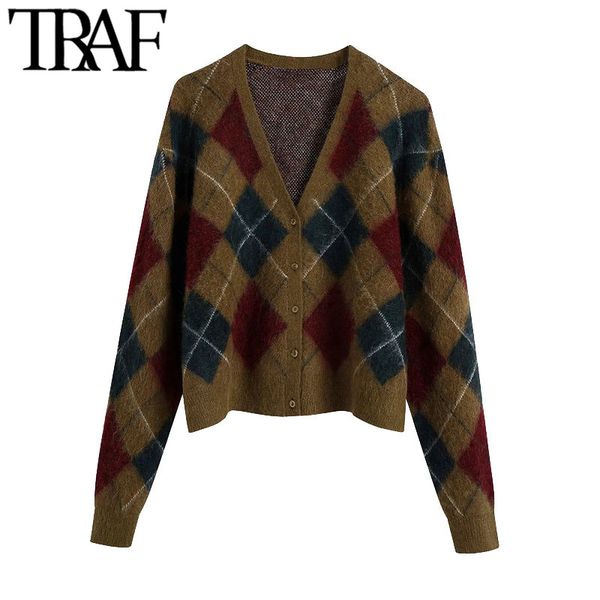 traf women fashion with ribbed trims argyle cardigan sweater vintage long sleeve button-up female outerwear chic 210415, White;black
traf women fashion with ribbed trims argyle cardigan sweater vintage long sleeve button-up female outerwear chic 210415, White;black