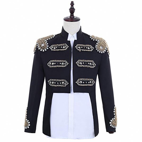 men's suits & blazers punk crystal rivets men suit with stand collar military court singer performance jacket male slim fit party stage, White;black
men's suits & blazers punk crystal rivets men suit with stand collar military court singer performance jacket male slim fit party stage, White;black