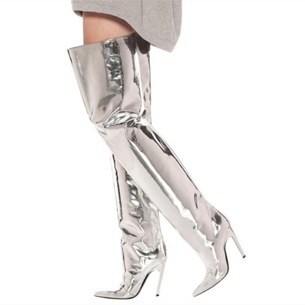 boots bright mirror leather women's over knee high heels winter shoes silver pointed toe thigh big size 48, Black
boots bright mirror leather women's over knee high heels winter shoes silver pointed toe thigh big size 48, Black